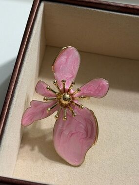 Vintage Golden Rose Pink Asymmetrical Exaggerated Flower Enamel Adjustable Ring